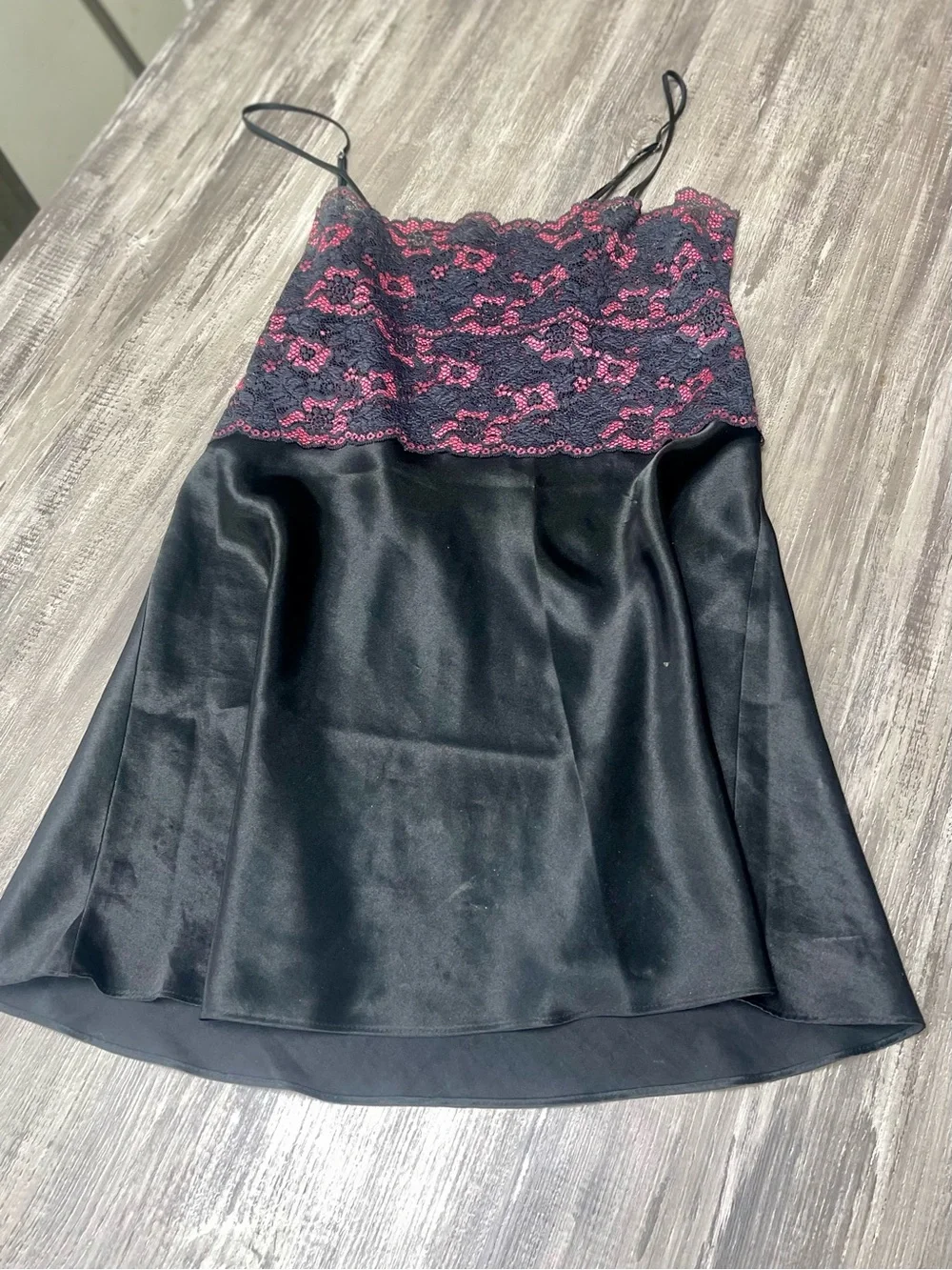 Jones New York Black Satin Slip with Romantic Pink Lace Overlay